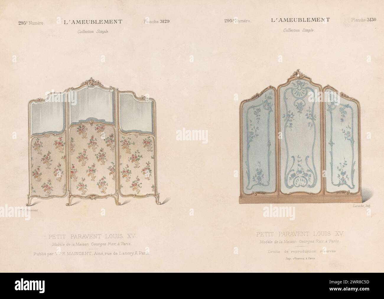 Two folding screens, Petit paravent Louis XV (title on object), L'ameublement / Collection simple (series title on object), Two folding screens in the Louis XV style. Print from 295th issue (livraison)., print maker: Léon Laroche, printer: Monrocq, publisher: weduwe Eugène Maincent, Paris, 1895, paper, height 276 mm × width 361 mm, print Stock Photo