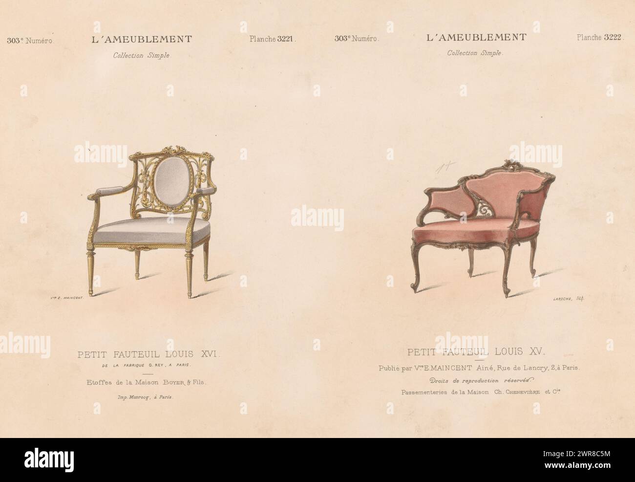 Two armchairs, Petit armchair Louis XVI / Petit armchair Louis XV (title on object), L'ameublement / Collection simple (series title on object), Two armchairs in the styles of Louis Print from 303rd issue (livraison)., print maker: Léon Laroche, printer: Monrocq, publisher: weduwe Eugène Maincent, Paris, 1895, paper, height 276 mm × width 360 mm, print Stock Photo