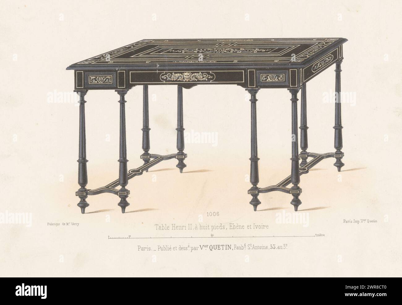 Table, Table Henri II, à huit pieds, Ebène et Ivoir (title on object), Le Magasin de Meubles / Meubles (series title on object), A table with eight legs, in the Henry II style. Print from 31st Livraison., print maker: anonymous, after design by: Victor Joseph Quétin, printer: Victor Joseph Quétin, Paris, 1832 - 1877, paper, height 275 mm × width 358 mm, print Stock Photo