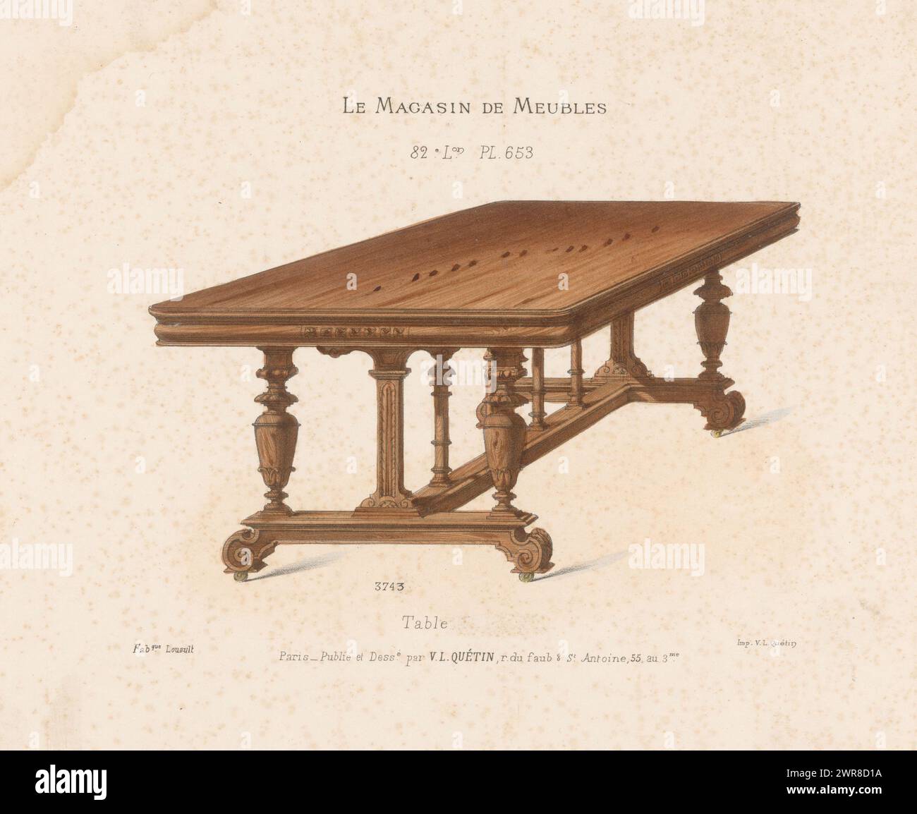 Table, Table (title on object), Le Magasin de Meubles (series title on object), A table. Print from 82nd Livraison., print maker: anonymous, after design by: Victor Léon Michel Quétin, printer: Victor Léon Michel Quétin, Paris, 1878 - in or after 1904, paper, height 275 mm × width 361 mm, print Stock Photo
