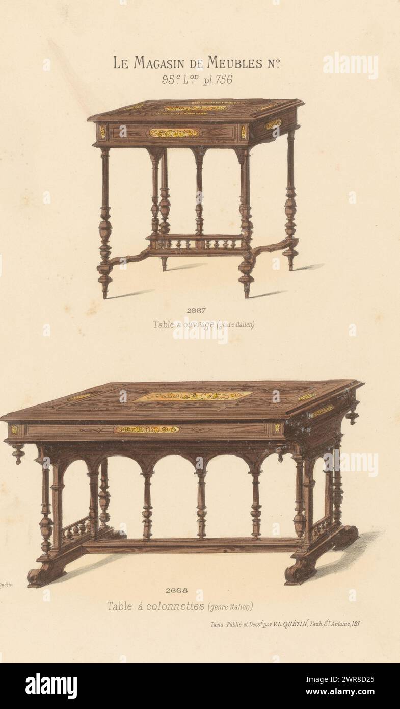 Two tables, Table a ouvrage (genre italien) / Table à colonettes (genre italien) (title on object), Le Magasin de Meubles / No (series title on object), Two tables. Print from 95th Livraison., print maker: anonymous, after design by: Victor Léon Michel Quétin, printer: Victor Léon Michel Quétin, Paris, 1878 - in or after 1904, paper, height 359 mm × width 273 mm, print Stock Photo