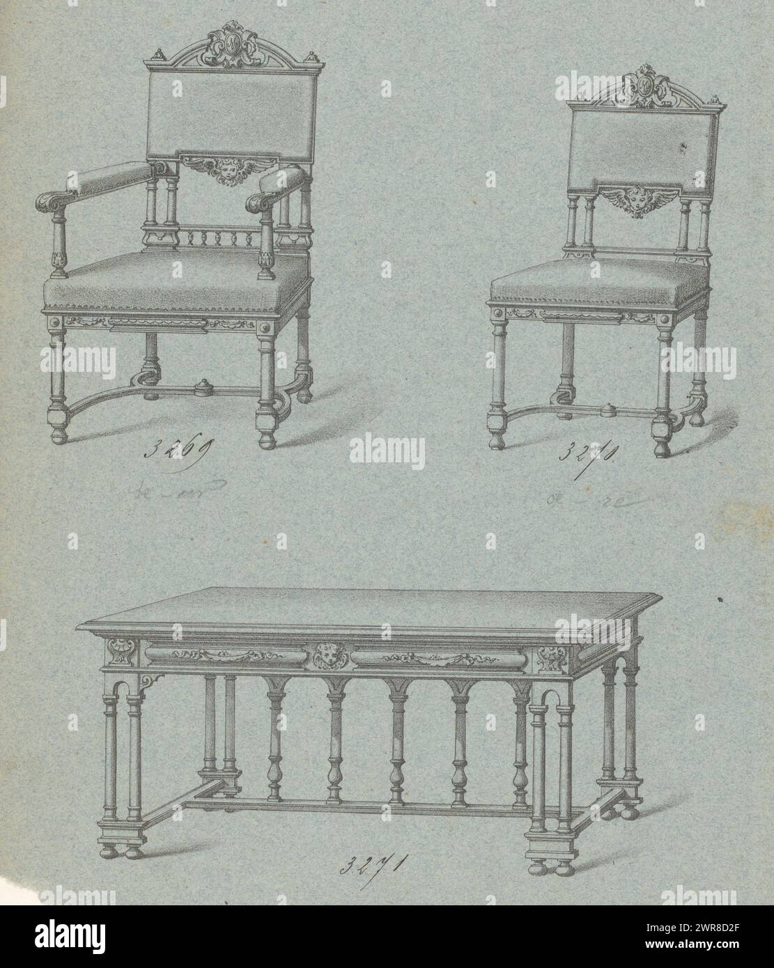 Armchair, chair and table, An armchair, chair and rectangular table., print maker: anonymous, France, 1800 - 1900, paper, height 334 mm × width 262 mm, print Stock Photo