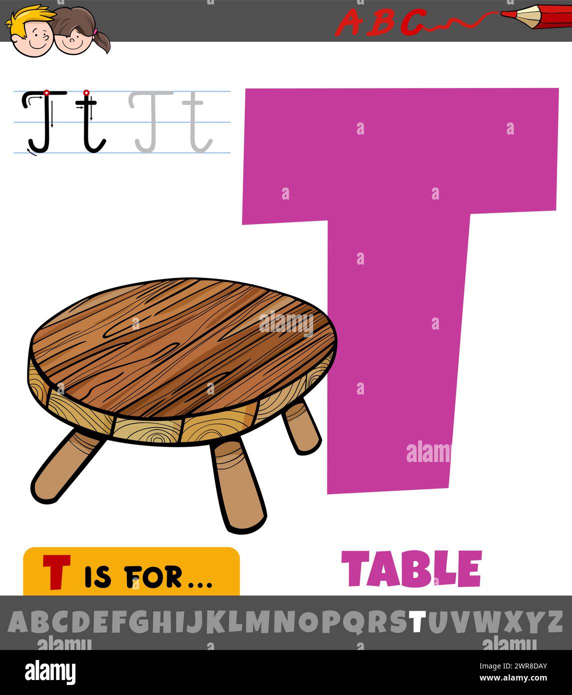 Educational cartoon illustration of letter T from alphabet with table ...