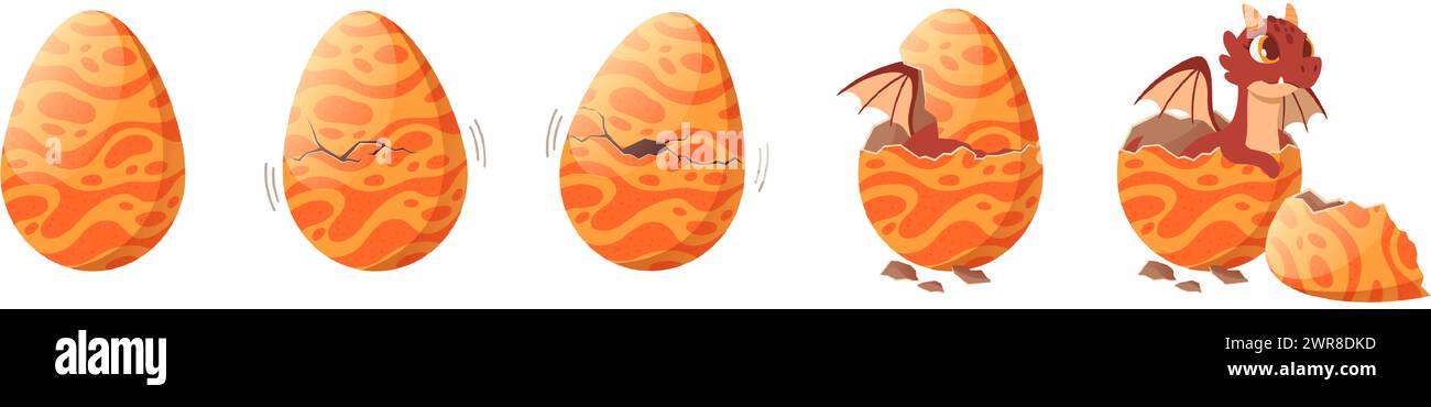 Dragon hatching from egg. Mythical fire dragon egg through incubation to birth, cartoon hatching process animation frames vector illustration set Stock Vector