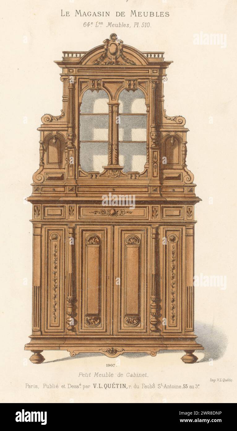 Cupboard, Petit Meuble de Cabinet (title on object), Le Magasin de Meubles / Meubles (series title on object), A cupboard with glass top doors. Print from 6th Livraison., print maker: anonymous, after design by: Victor Léon Michel Quétin, printer: Victor Léon Michel Quétin, Paris, 1878 - in or after 1904, paper, height 355 mm × width 274 mm, print Stock Photo