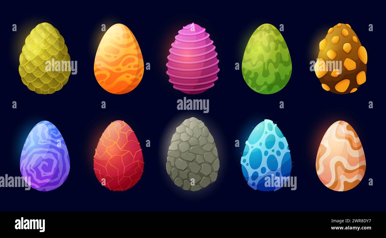 Cartoon fantasy dragon egg. Mythical creature eggs with unique patterns, magic textures and vibrant colors vector illustration set Stock Vector