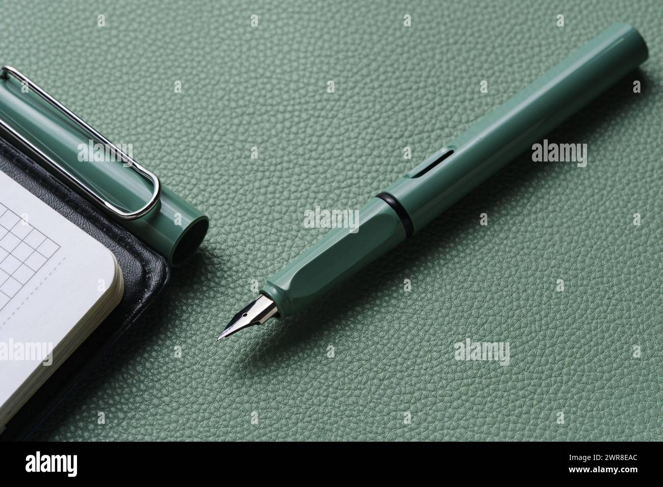 Fountain pen and notebook green leather background Stock Photo