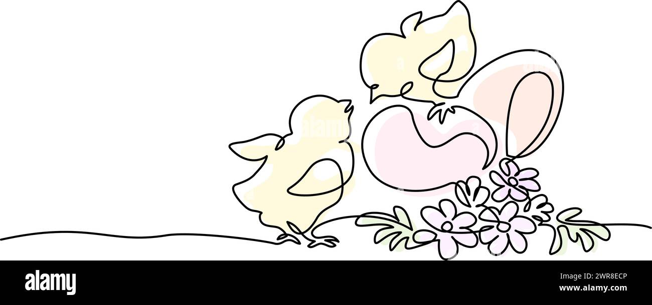 Happy Easter spring decoration. Easter eggs, chicks and flowers. Stock Vector