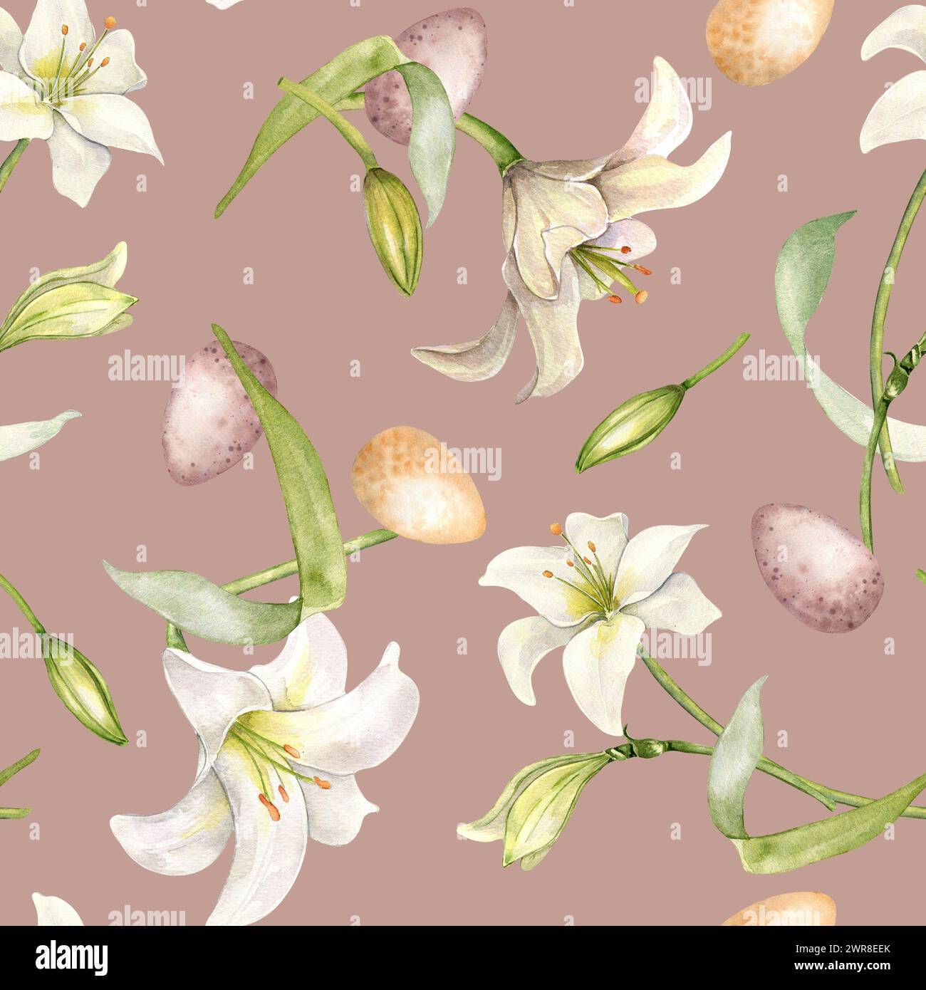 Easter seamless pattern with eggs and white flowers isolated on pink ...