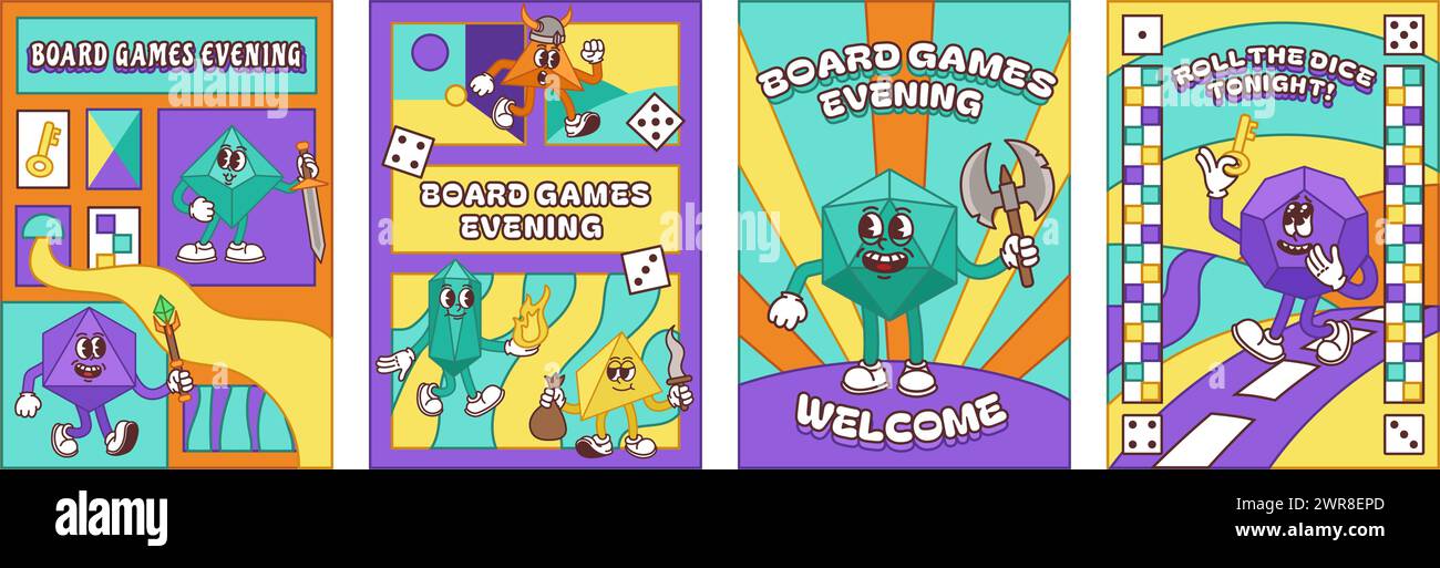 Board games evening event banners. Invitation poster or flyer design with playful tabletop gaming geometric characters vector illustration set Stock Vector