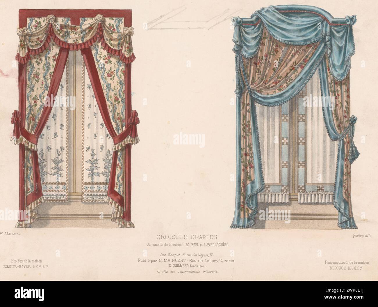 Windows with drapes, Croisées drapées (title on object), Le Garde-Meuble / Collection de Tentures (series title on object), Cross windows with draped curtains. Print from 288th Livraison., print maker: Quéton, after design by: Eugène Maincent, printer: Becquet, Paris, c. 1885 - c. 1895, paper, height 274 mm × width 358 mm, print Stock Photo