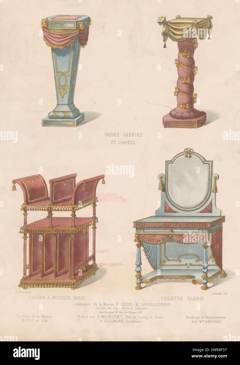 Interior objects with decorations and draperies, Gaines garnies et drapées / Casier a Musique garni / Toilette garnie (title on object), Le Garde-Meuble / Collection de Tentures (series title on object), Two pedestals, a cupboard for sheet music and a dressing table with decorations and draperies. Print from 320th Livraison., print maker: Léon Laroche, after design by: Eugène Maincent, printer: Becquet, Paris, c. 1885 - c. 1895, paper, height 358 mm × width 276 mm, print Stock Photo