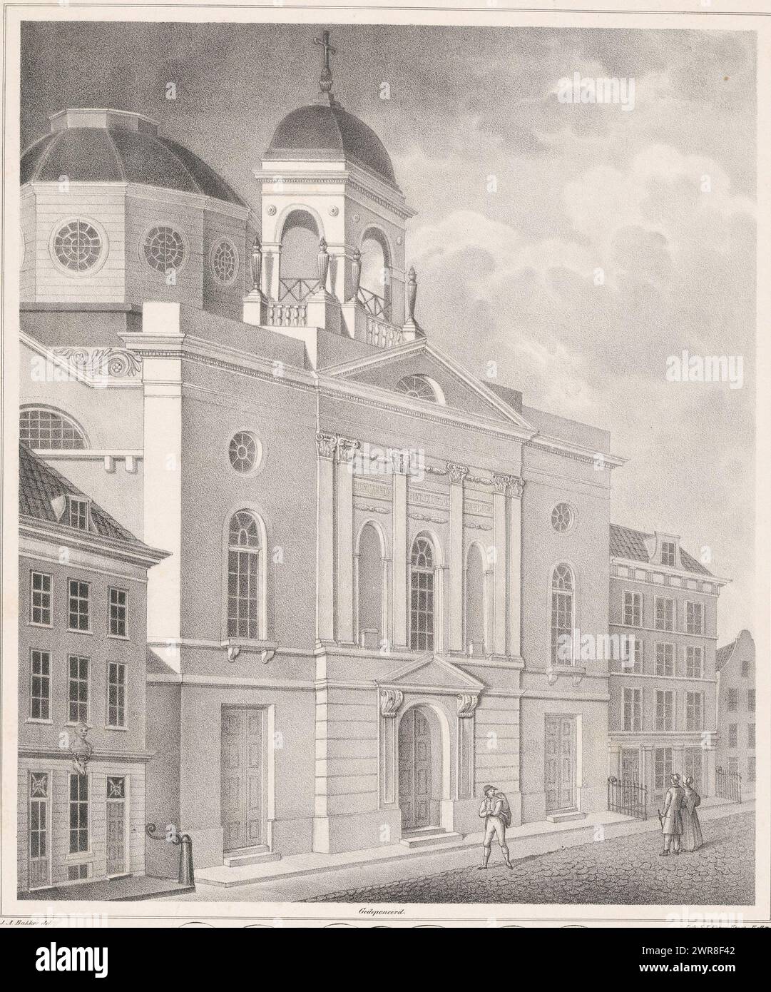 Church of Saint Dominic on the Steiger on the Hoogstraat in Rotterdam, Image of the Roman Catholic Church of the Congregation of van den Steiger Rotterdam (title on object), Three figures are walking on the street in front of the church., print maker: Job Augustus Bakker, printer: Sebastiaan Theodorus Voorn Boers, publisher: J.A. van Belle, Rotterdam, 1835, paper, height 550 mm × width 440 mm, print Stock Photo