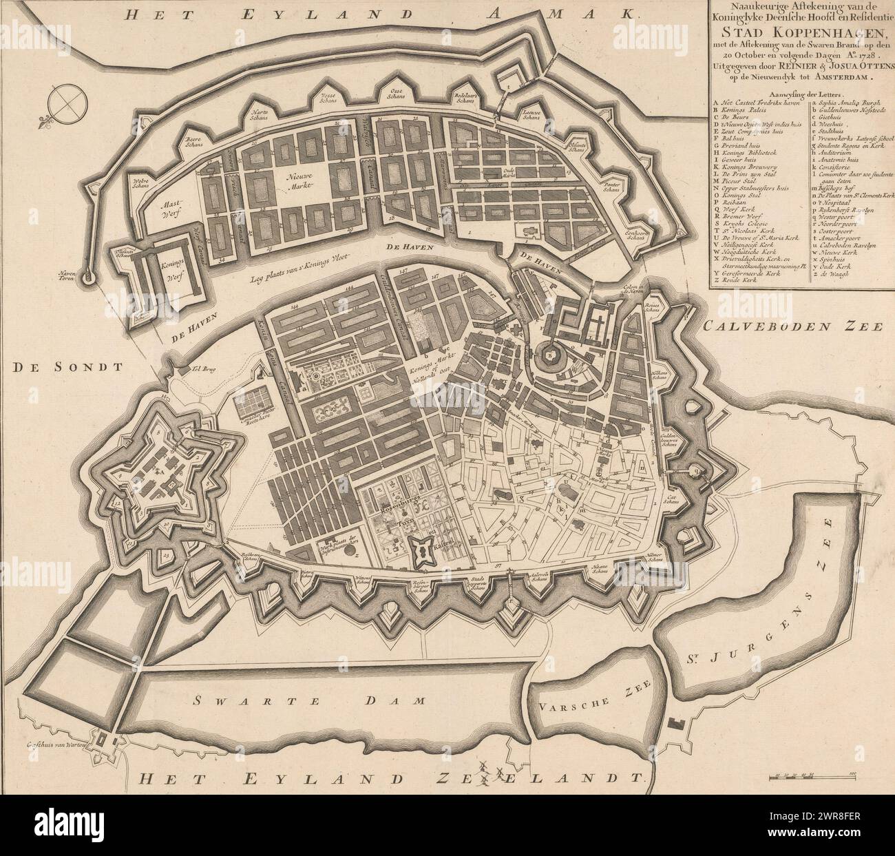 Map of Copenhagen, Accurate drawing of the royal Danish capital and residence of the city of Copenhagen (...) (title on object), Map of Copenhagen showing the damage from the fire of October 1728. The part of the city that is not shaded (bottom right) was reduced to ashes during the fire., print maker: anonymous, publisher: Reinier Ottens (I) & Josua, Amsterdam, after c. 1728, paper, etching, engraving, height 473 mm × width 522 mm, print Stock Photo