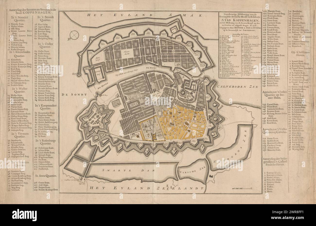 Map of Copenhagen, Accurate drawing of the royal Danish capital and residence of the city of Copenhagen (...) (title on object), Map of Copenhagen showing the damage from the fire of October 1728. The part of the city colored yellow (bottom right) was reduced to ashes during the fire. On either side of the map there is a legend showing the streets of the city., print maker: anonymous, publisher: Reinier Ottens (I) & Josua, Amsterdam, after c. 1728, paper, etching, engraving, letterpress printing, height 563 mm × width 843 mm, print Stock Photo