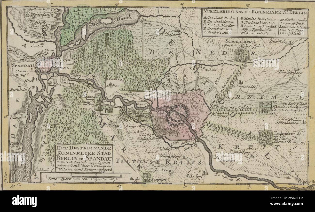 Map of Berlin and surroundings, The layout of the royal city of Berlin and Spandau next to the (...) (title on object), print maker: anonymous, after drawing by: Gundling, after drawing by: Waltern, c. 1740, paper, engraving, height 180 mm × width 294 mm, print Stock Photo