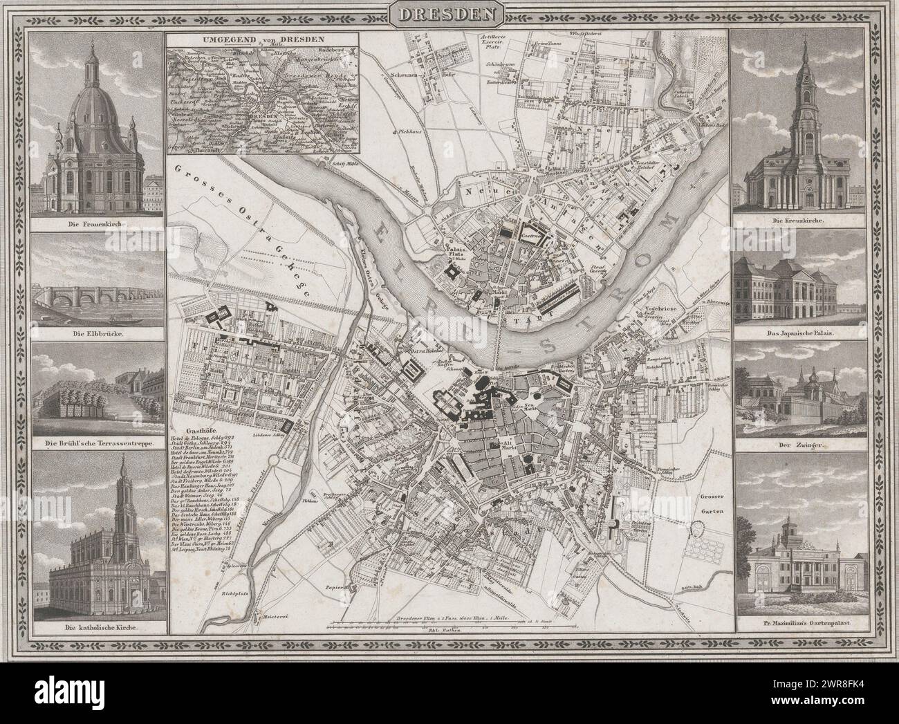 Map of Dresden with views of buildings in the city, Dresden (title on object), Top left an inset with a map of the Dresden area. Left and right four views of important buildings in the city. Marked top right: Meyers Städte Atlas No. 3., print maker: Bibliographisches Institut, printer: Bibliographisches Institut, publisher: Bibliographisches Institut, Hildburghausen, 1728 - 1774, paper, height 261 mm × width 355 mm, print Stock Photo