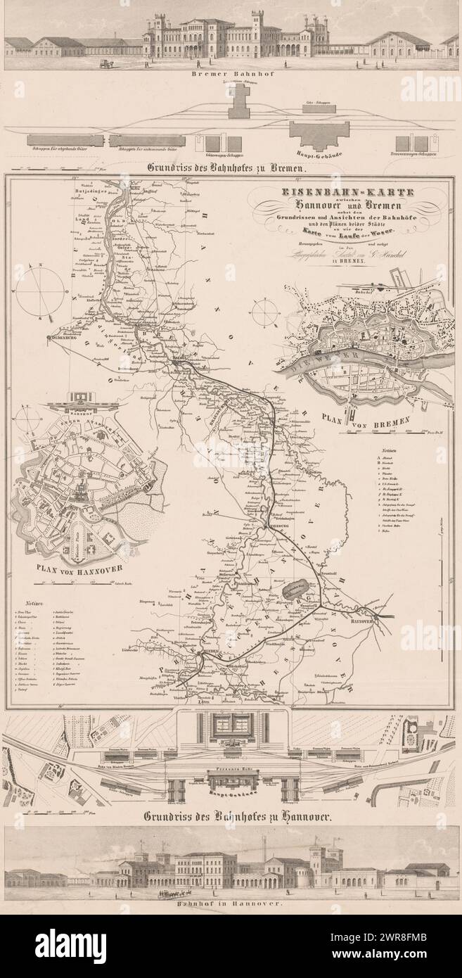 Map of the railway between Hanover and Bremen, Eisenbahn-Karte zwischen Honnover und Bremen nebst den Grundrissen (...) (title on object), Map of the railway between Hanover and Bremen. Above a view and a map of Bremen's train station. Below a view and map of Hannover train station. On the left of the map is a map of Hannover, on the right a map of Bremen., print maker: anonymous, publisher: Georg Justus Hunckel, Bremen, after 1847, paper, height 546 mm × width 292 mm, print Stock Photo