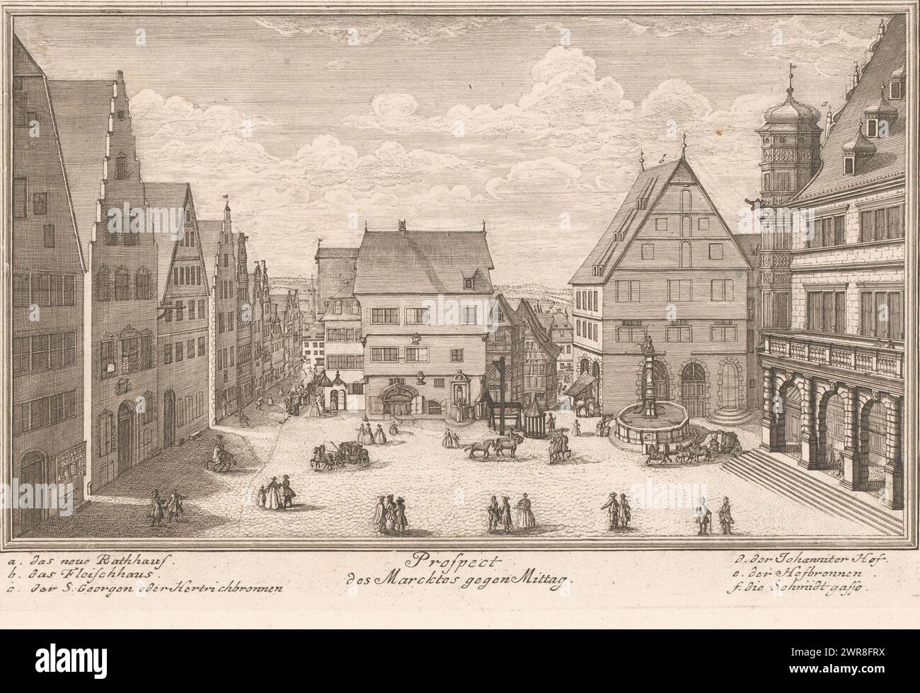 View of the Market, in Rothenburg ob der Tauber, Prospect des Marcktes gegen Mittag (title on object), Numbered top right: 5., print maker: anonymous, publisher: Adam Wolfgang Winterschmidt, 1758 - 1796, paper, etching, engraving, height 198 mm × width 302 mm, print Stock Photo