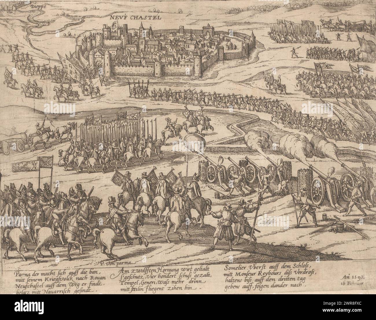 The conquest of Neuchâtel by the Duke of Parma, 1592, Neuf Chastel / Parma der Macht sich auss die ban, mett seinem (...) (title on object), print maker: anonymous, in or after c. 1592, paper, etching, height 211 mm × width 269 mm, print Stock Photo