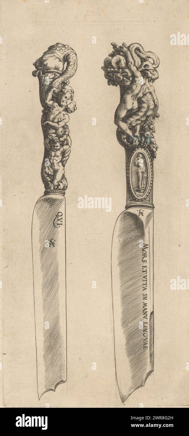 Two knives, Knives, each two on one blade (series title), The handle of the left knife is decorated with a woman and a child. The blade is crowned by the bust of a female creature with a long scaly neck. This creature leans down and kisses the woman beneath her. The handle of the right knife is crowned by a man, seen from the back, hanging from a horn of plenty. A snake comes out of the horn., designer: Francesco Salviati, print maker: Cherubino Alberti, 1583, paper, engraving, height 301 mm × width 166 mm, print Stock Photo