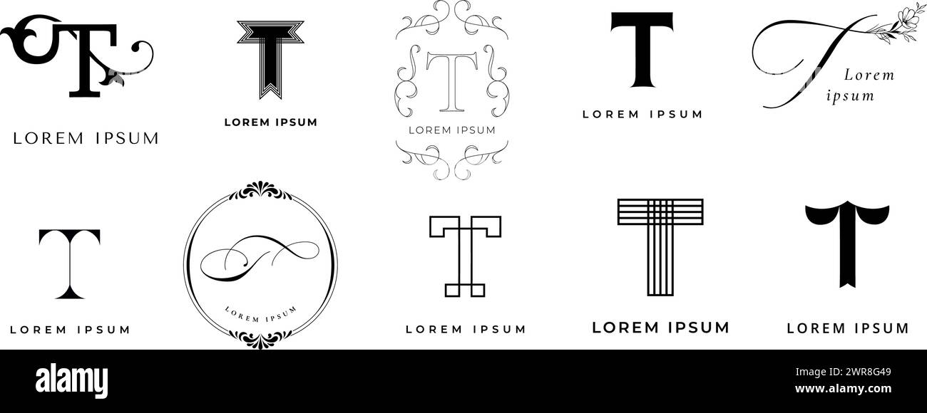 Creative T emblem. Letter t monogram for text writer, tea or tech branding. Typography tag template vector icon set Stock Vector