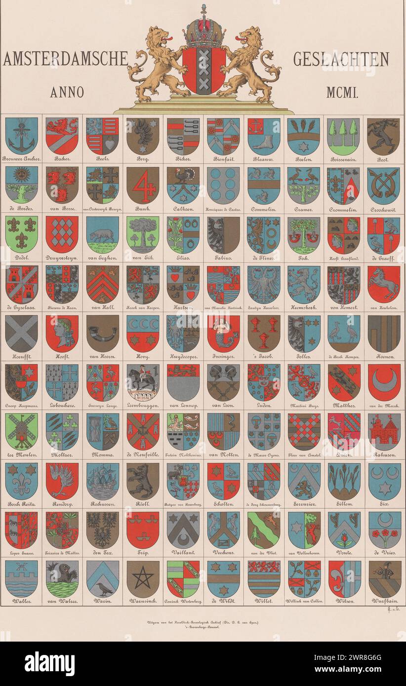 Amsterdamsche Geslachten Anno MCMI (title on object), Wall map with an overview of the family coats of arms of a hundred old Amsterdam families, in the year 1901., print maker: Johannes Evert van Leeuwen, publisher: Heraldisch-Genealogisch Archief, print maker: Netherlands, publisher: The Hague, 1901, paper, height 780 mm × width 550 mm, print Stock Photo