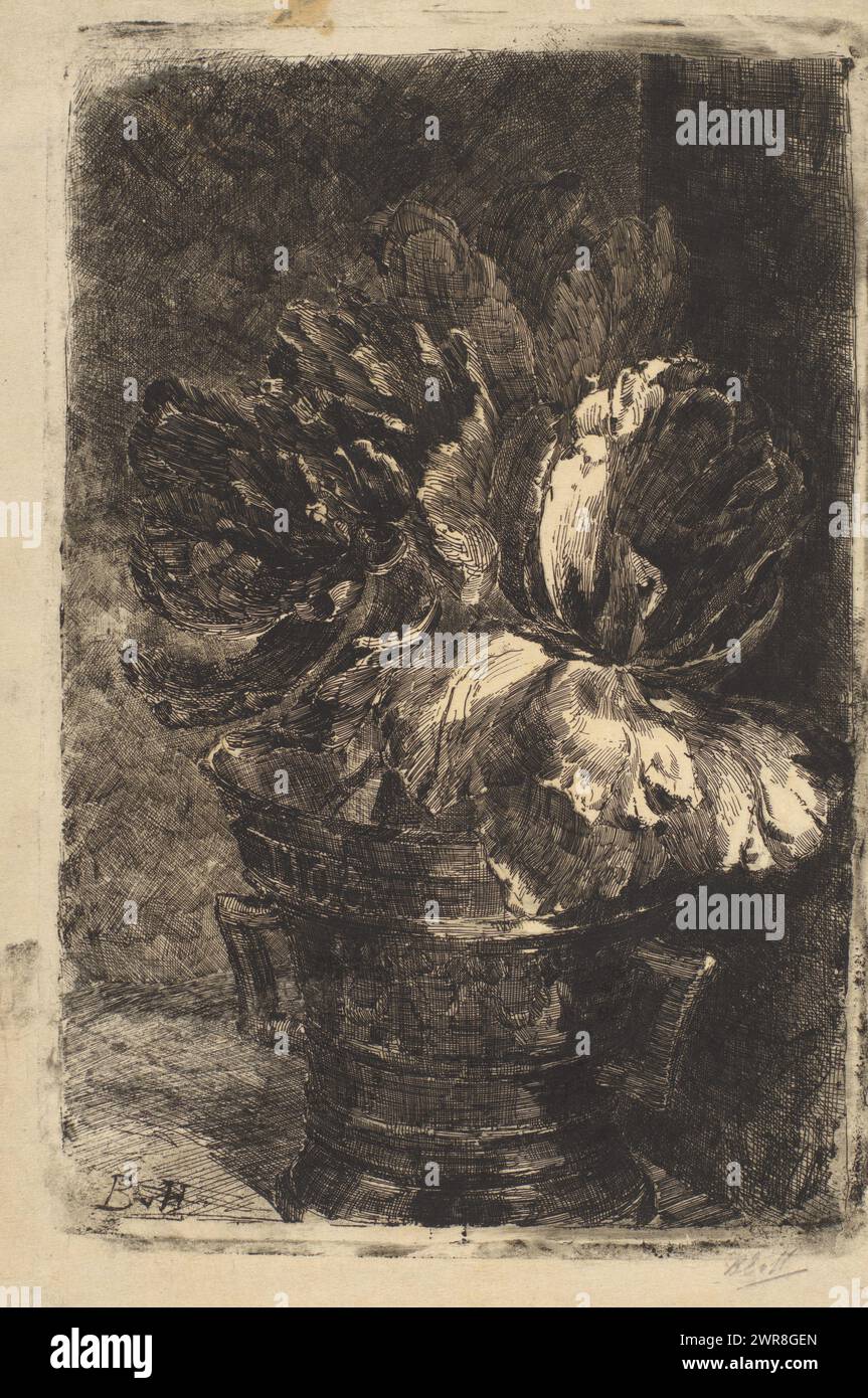 Tulips in copper mortar, print maker: Barbara Elisabeth van Houten, (signed by artist), 1877 - 1950, paper, etching, height 299 mm × width 200 mm, print Stock Photo