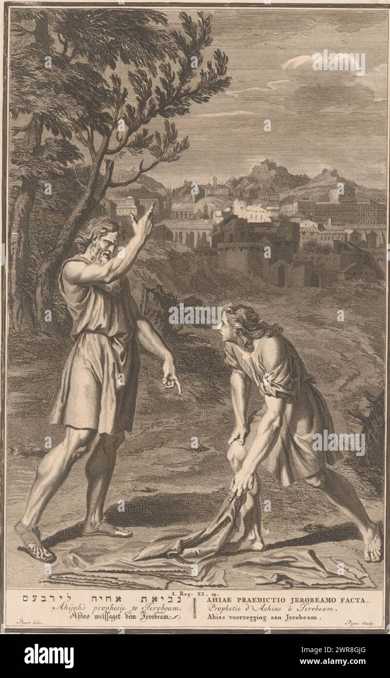 Jeroboam and the prophet Ahijah, Ahijah prophesied to Jeroboam (...) (title on object), print maker: Nicolas Pigné, after drawing by: Bernard Picart, publisher: Pieter de Hondt, 1728, paper, etching, engraving, height 353 mm × width 220 mm, print Stock Photo