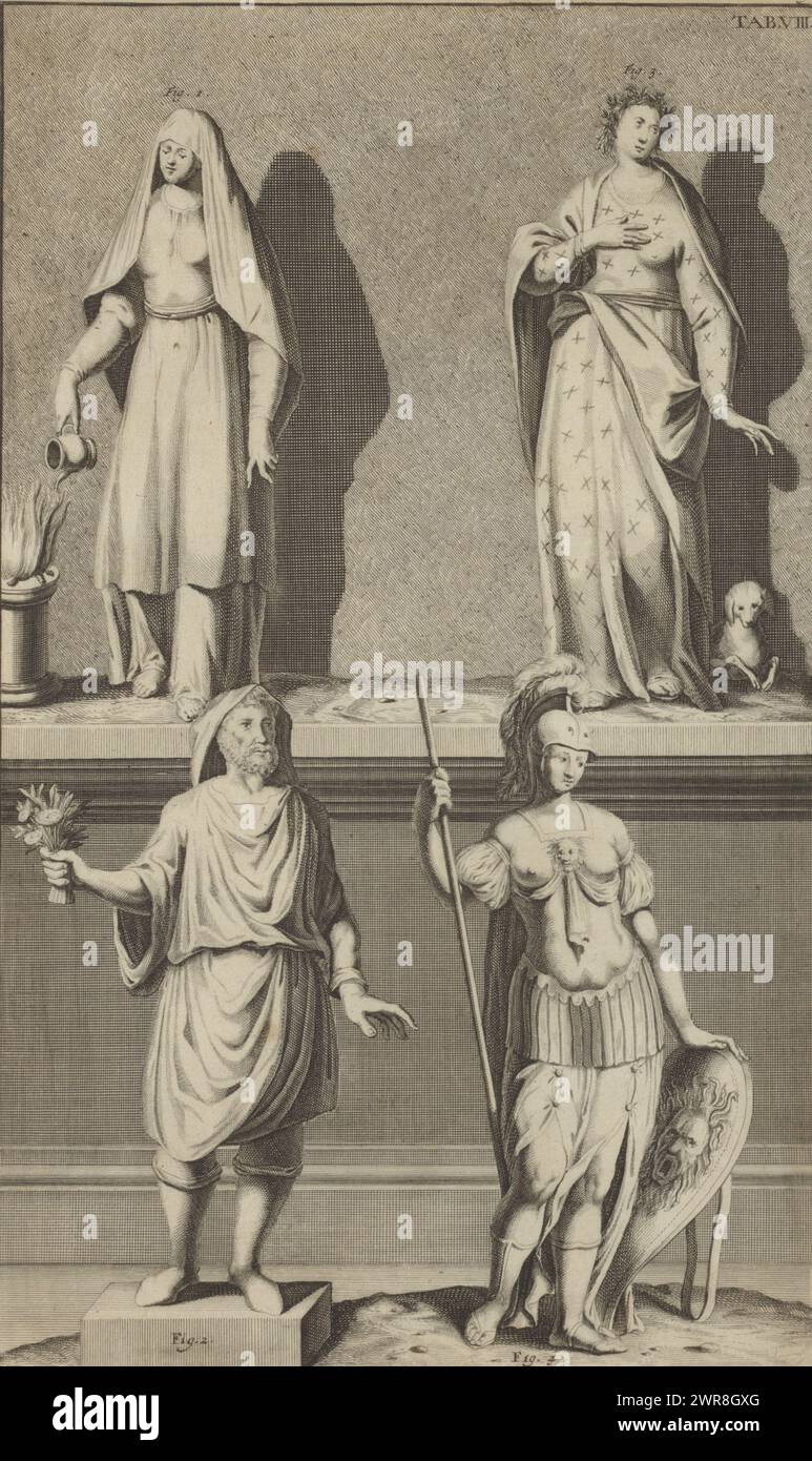 Composition with four figures, possibly statues with Minerva, The figures are numbered from Fig. 1 to Fig. 4. The whole is numbered at the top right: TAB. VIII., print maker: anonymous, 1700 - 1799, paper, etching, engraving, height 334 mm × width 210 mm, print Stock Photo