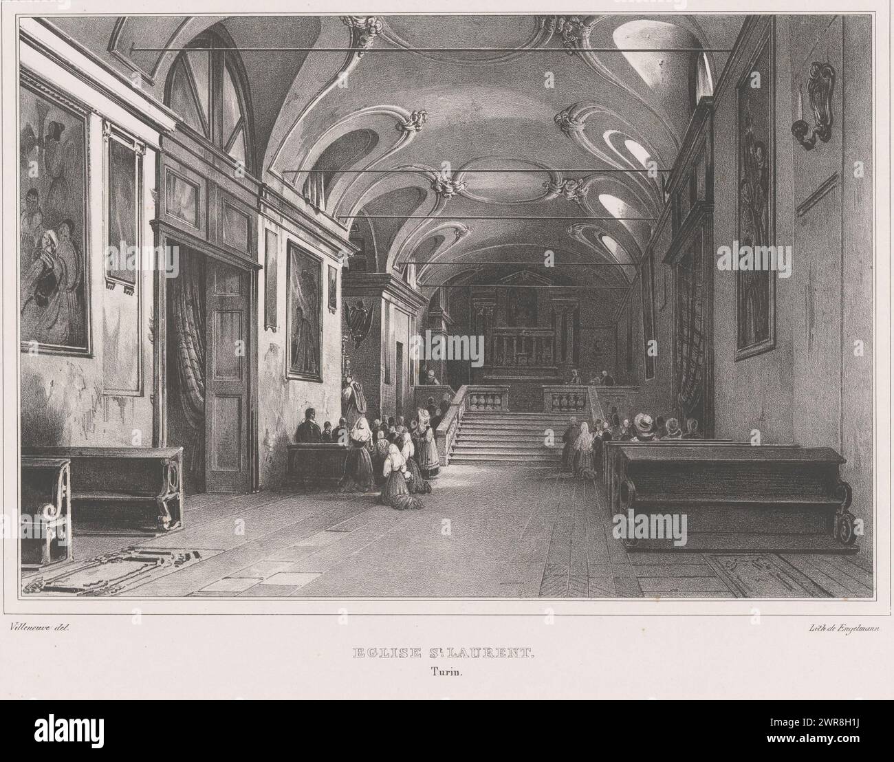 View of the interior of the Chiesa di San Lorenzo in Turin, Eglise St Laurent (title on object), Views in Turin (series title), Turin (series title on object), Numbered top right: 9., print maker: Louis Jules Fréderic Villeneuve, printer: Gottfried Engelmann, Paris, 1829 - 1839, paper, height 310 mm × width 476 mm, print Stock Photo
