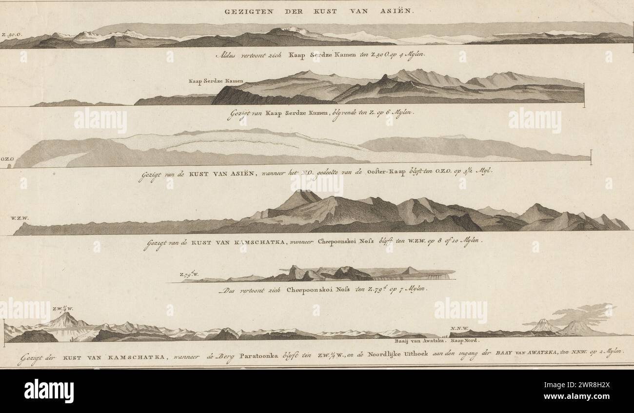 Coastal profiles in Kamchatka, Views of the coast of Asia (title on object), The profiles each have their own caption, which turns out to be profiles of Cape Serdtse-Kamen, Cheepoonskoi Noss and Avacha Bay. Top right the number 'XLIV**'., print maker: anonymous, publisher: Abraham en Jan Honkoop, publisher: Johannes Allart, publisher: Leiden, publisher: Amsterdam, publisher: The Hague, 1795 - 1803, paper, engraving, height 243 mm × width 386 mm, print Stock Photo