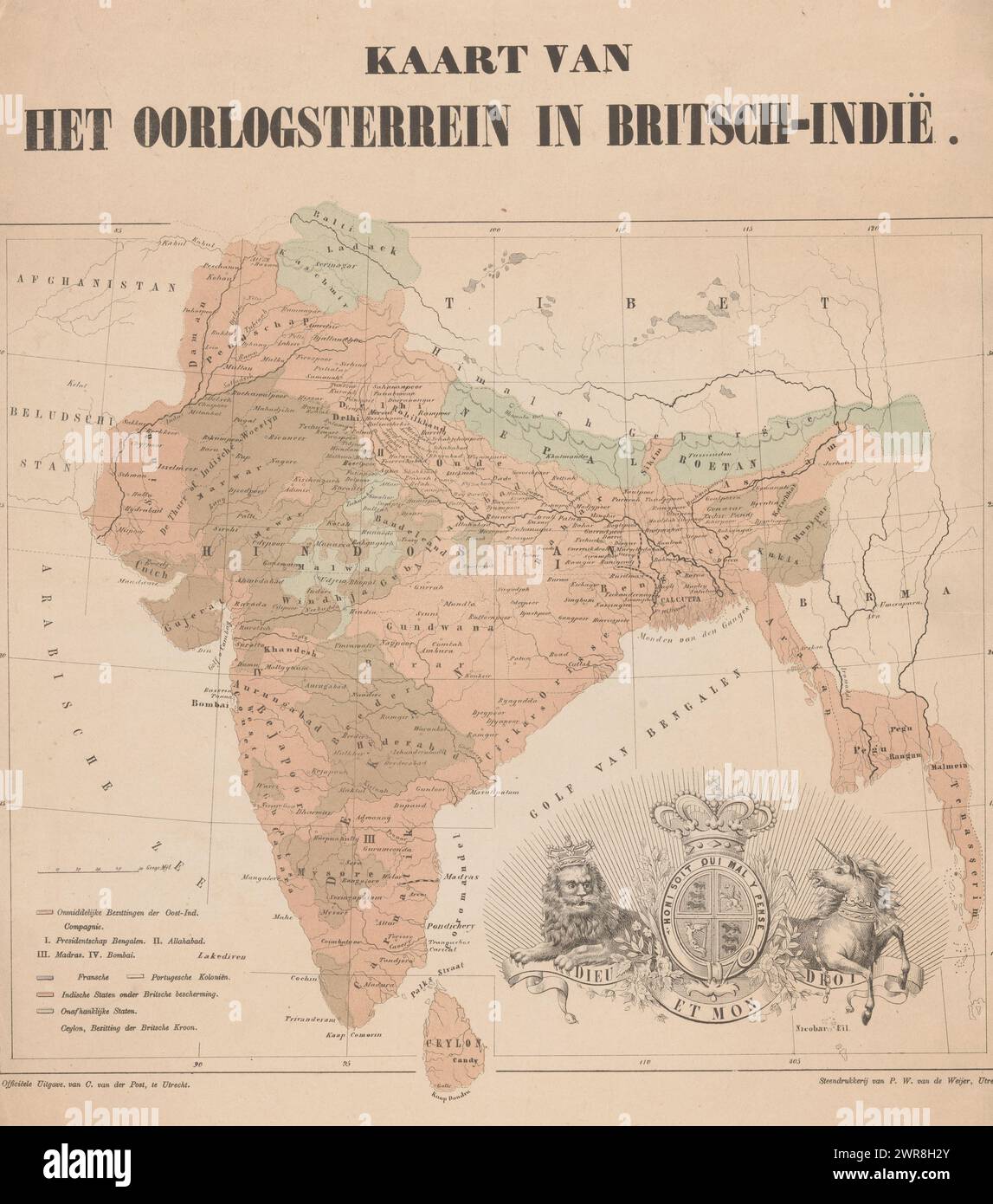 Map of European colonial possessions in India, Map of the war zone in British India (title on object), The coat of arms of the United Kingdom at the bottom of the image., print maker: anonymous, printer: Pieter Wilhelmus van de Weijer, publisher: C. van der Post (II), Utrecht, 1830 - 1879, paper, height 478 mm × width 442 mm, print Stock Photo