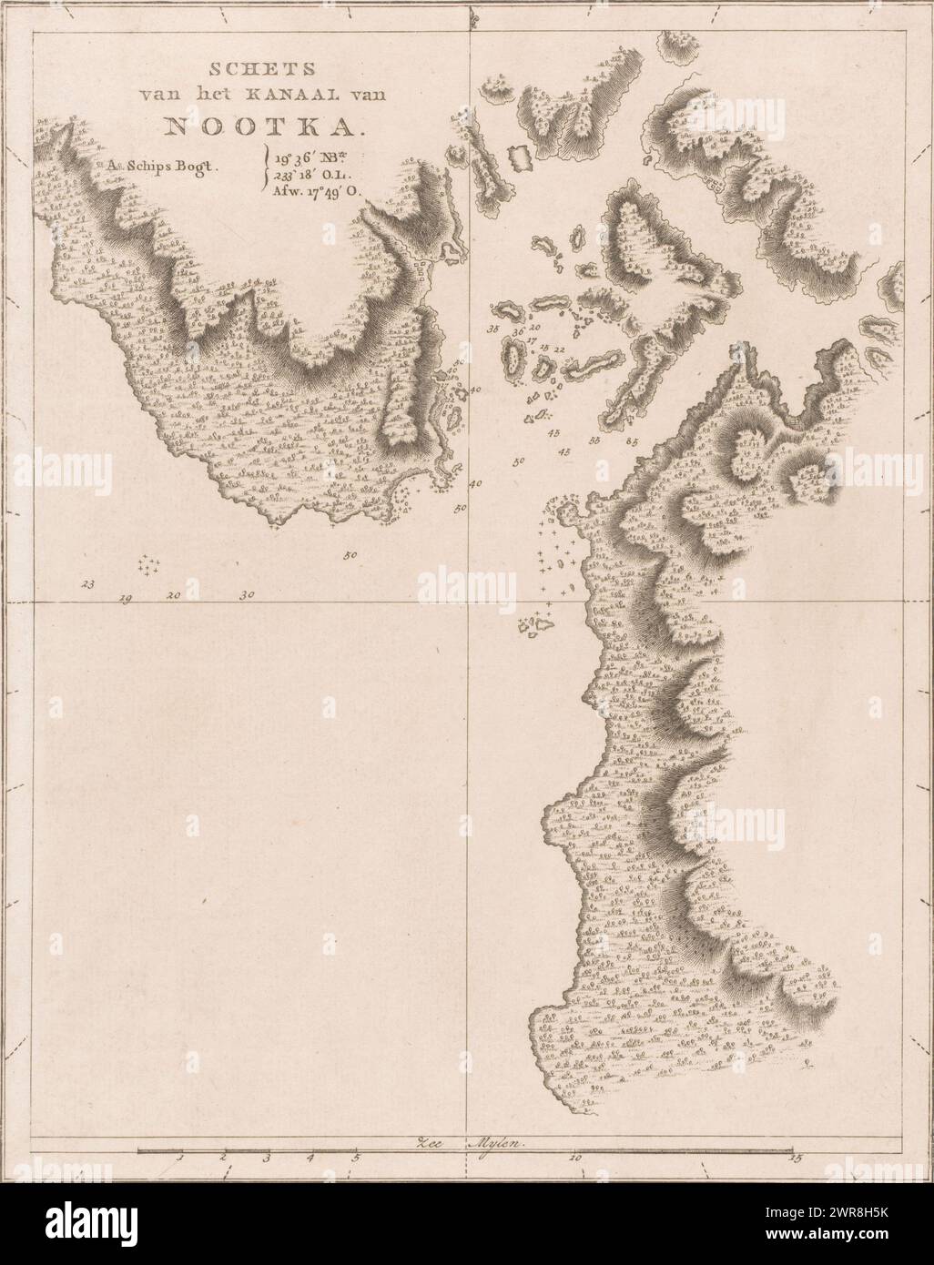 Sketch of the Nootka Canal, Sketch of the Nootka Canal (title on object), Sketchy map of the Nootka Canal with coordinates and scale. At the top right it says: 'N XXXIX**'., print maker: anonymous, 1680 - 1725, paper, etching, height 284 mm × width 230 mm, print Stock Photo