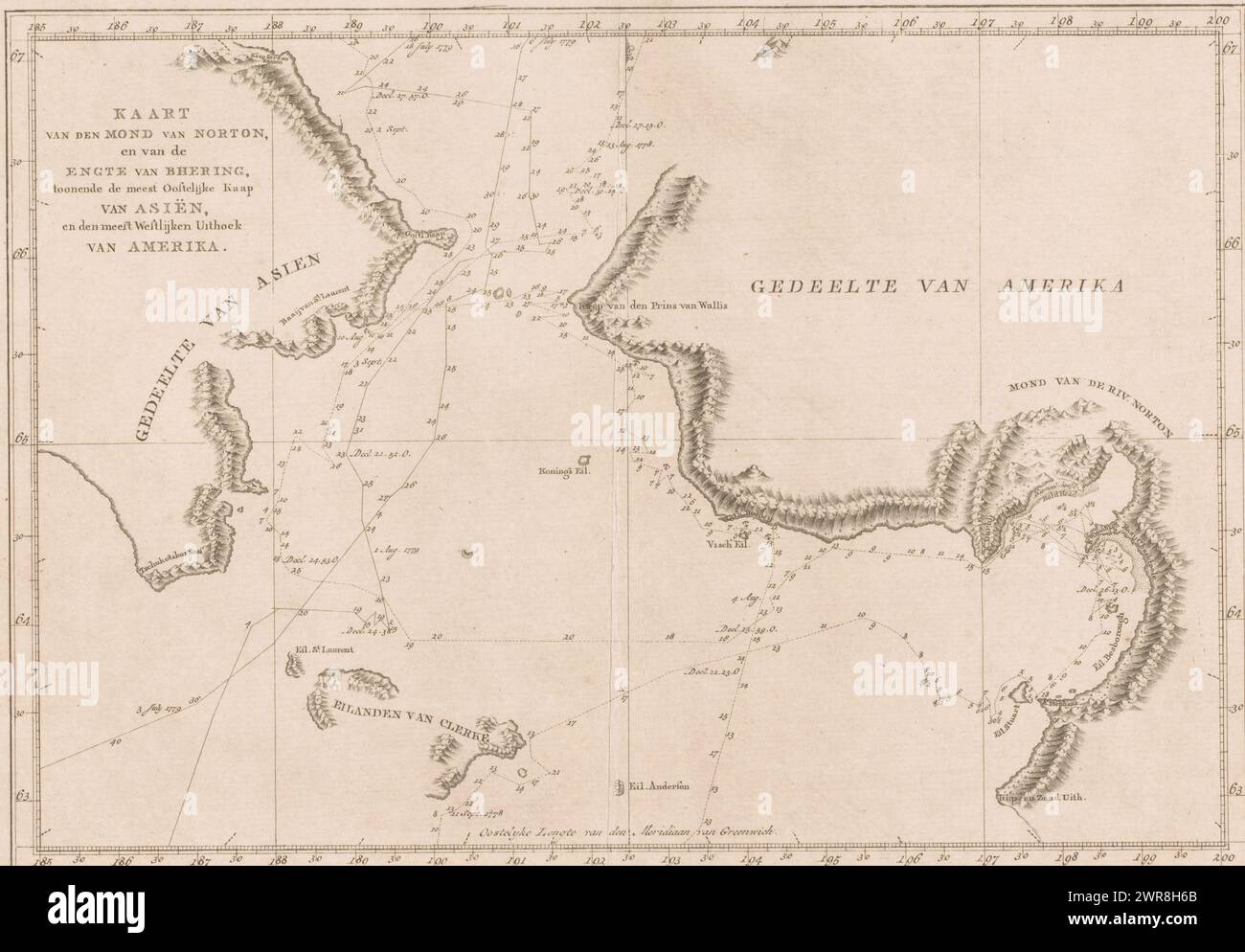 Map of the mouth of Norton and the Bering Strait, Map of the mouth of Norton and the Strait of Bhering showing the easternmost cape of Asia and the westernmost corner of America (title on object), Map of the waters between America and Asia at the Bering Strait and the Norton Estuary. The routes of the 1778 and 1779 expeditions of James Cook and Charles Clerke are indicated. Around a degree division., print maker: anonymous, 1780 - 1800, paper, engraving, etching, height 325 mm × width 410 mm, print Stock Photo