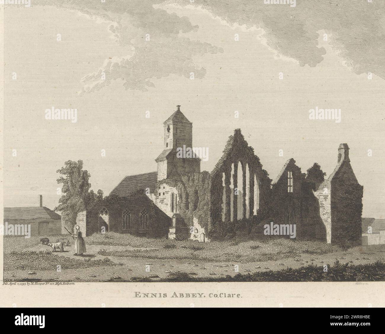 View of Ennis Abbey, Ennis Abbey. Co.Clare (title on object), This print is part of a book., print maker: Walker, publisher: M. Hooper, London, 2-Apr-1793, paper, etching, height 149 mm × width 200 mm, print Stock Photo