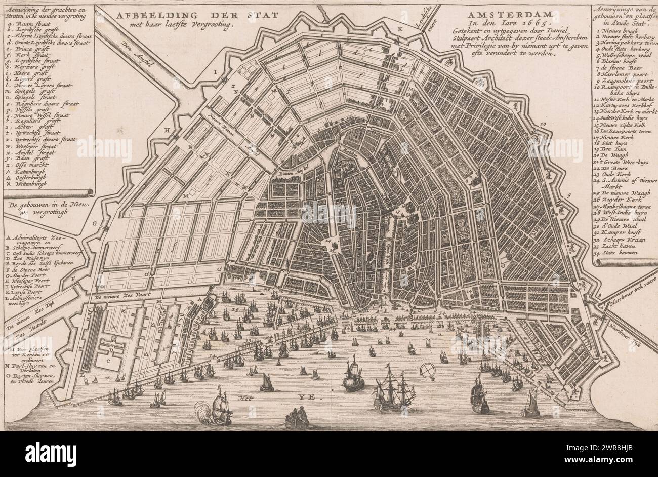 Map of Amsterdam in the year 1665 after the fourth explanation, Image of the Statue with its last enlargement (title on object), print maker: anonymous, after drawing by: Daniel Stalpaert, publisher: Daniel Stalpaert, Amsterdam, 1665, paper, etching, height 208 mm × width 317 mm, print Stock Photo