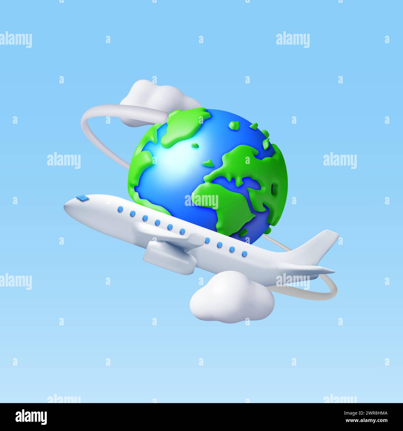 3D Airplane in Clouds and Globe Isolated Stock Vector
