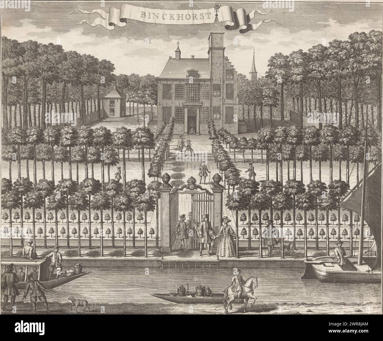 View of Kasteel de Binckhorst in The Hague, Binckhorst (title on object), print maker: anonymous, after drawing by: Gerrit van Giessen, publisher: Reinier Boitet, publisher: Delft, publisher: Amsterdam, 1730 - 1736, paper, etching, engraving, height 285 mm × width 345 mm, print Stock Photo
