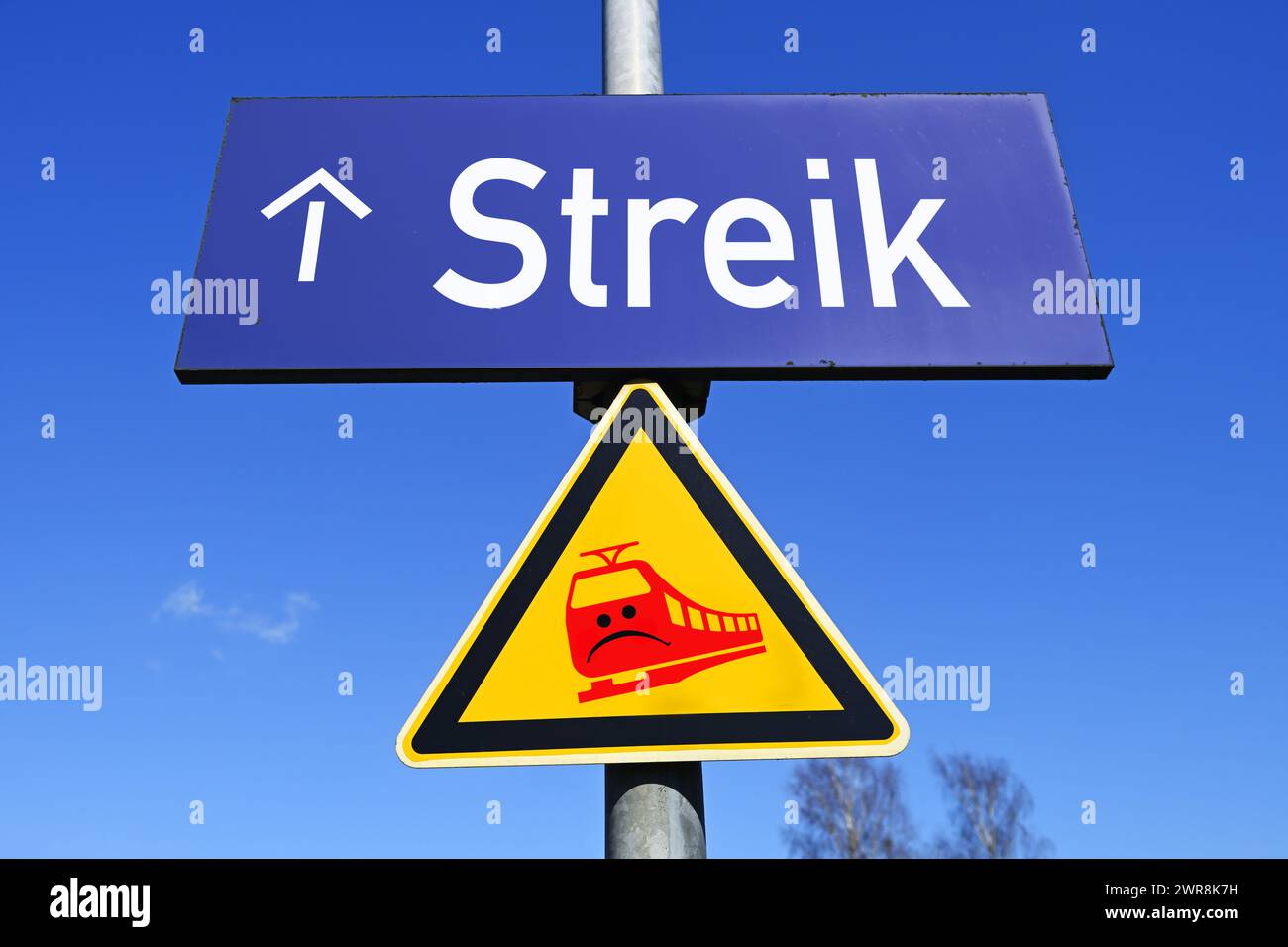Signpost On The Platform With The Words 'Strike', Photomontage Stock Photo