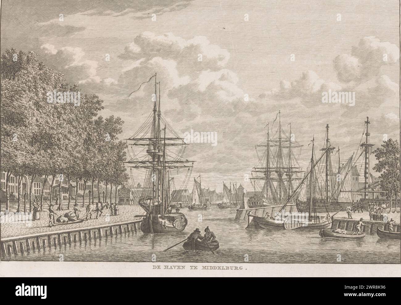 View of the port of Middelburg, De Haven te Middelburg (title on object), print maker: Carel Frederik Bendorp (I), after drawing by: Jan Bulthuis, 1786 - 1792, paper, etching, height 176 mm × width 241 mm, print Stock Photo