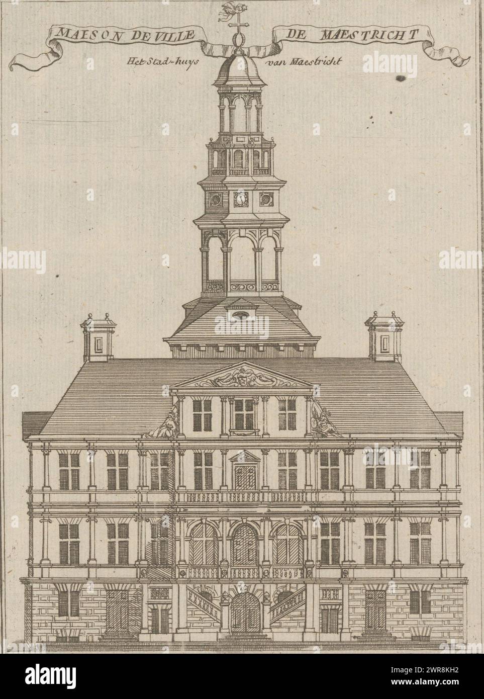 View of the Town Hall in Maastricht, Maeson de ville de Maestricht / The Stad-huys of Maestricht (title on object), print maker: Jacobus Harrewijn, (possibly), 1700 - 1750, paper, etching, height 197 mm × width 155 mm, print Stock Photo