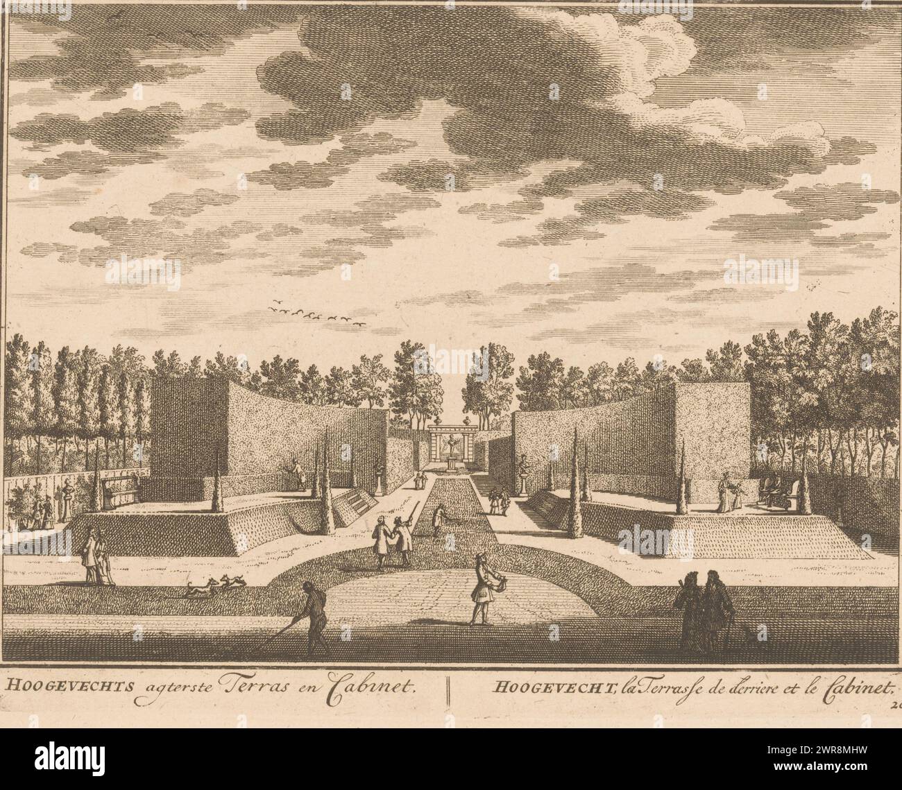 View of the garden of the Hoecht country estate, Hovlucht agterste Terrace en Cabinet / Hoovlucht, la Terrasse de derriere et le Cabinet (title on object), print maker: Daniël Stopendaal, publisher: weduwe Nicolaes Visscher (II), 1719, paper, etching, height 160 mm × width 204 mm, print Stock Photo