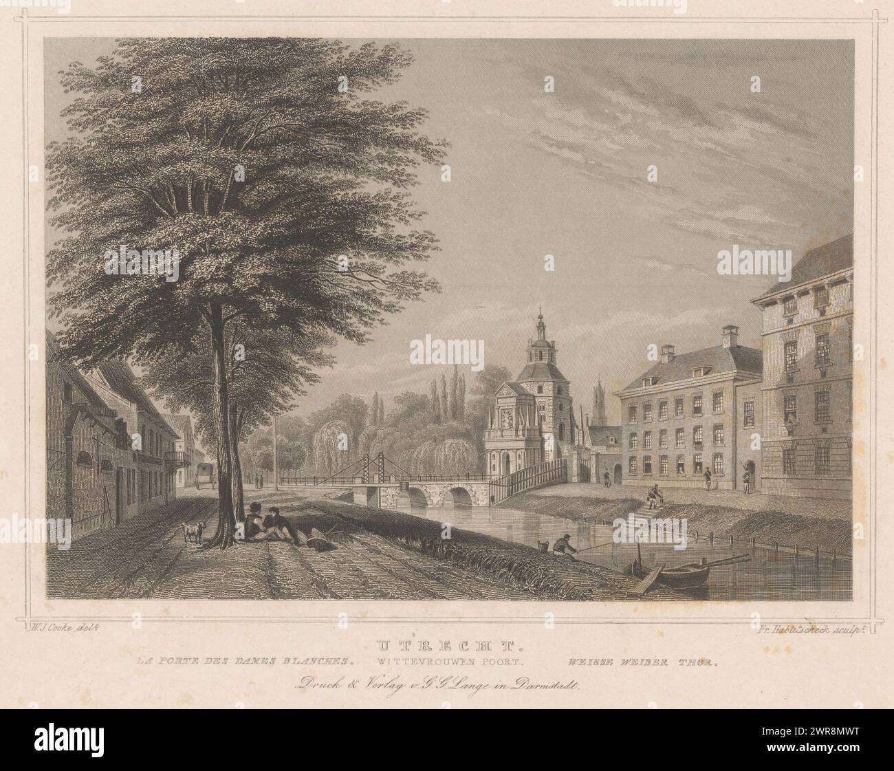 View of the Wittevrouwenpoort in Utrecht, Utrecht. White women's gate / La porte des dames blanches / Weisse weiber thor (title on object), print maker: Franz Hablitschek, after drawing by: William John Cooke, publisher: Gustav Georg Lange, Darmstadt, 1863, paper, steel engraving, height 167 mm × width 255 mm, print Stock Photo