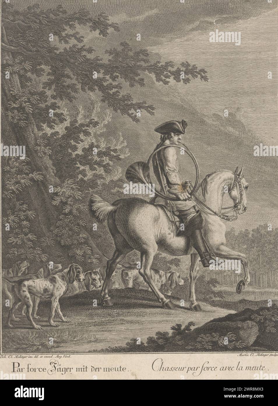 Hunter on horseback with hunting dogs blows a horn, print maker: Martin Elias Ridinger, after drawing by: Johann Elias Ridinger, publisher: Johann Elias Ridinger, 1740 - 1780, paper, etching, height 334 mm × width 252 mm, print Stock Photo