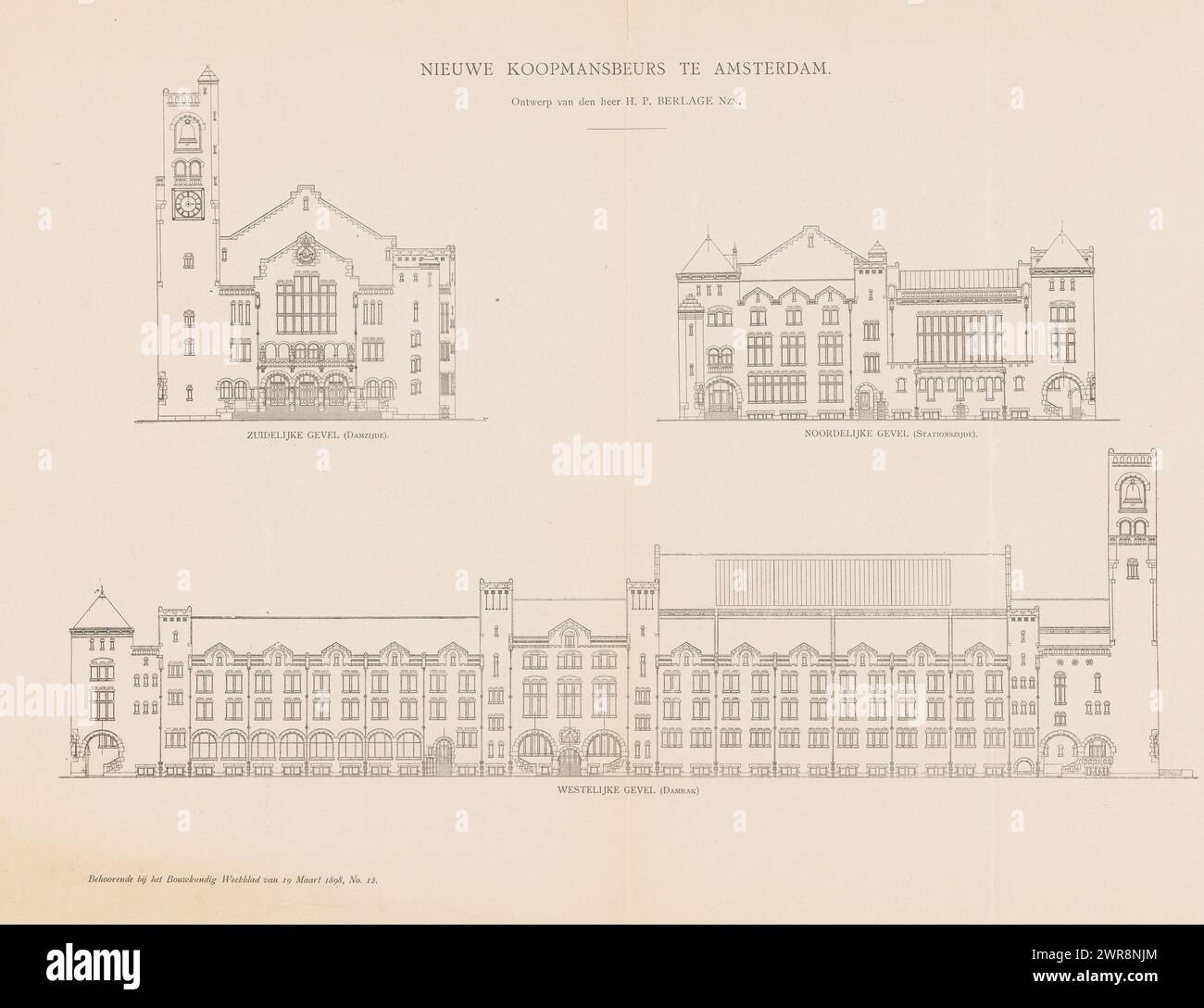 Design for the Beurs van Berlage in Amsterdam, New merchant's exchange in Amsterdam, design by Mr. H.P. Berlage Nzn. (title on object), maker: anonymous, publisher: Mouton & Co., printer: Roeloffzen & Hübner, The Hague, 1898, paper, photolithography, height 350 mm × width 501 mm, photomechanical print Stock Photo