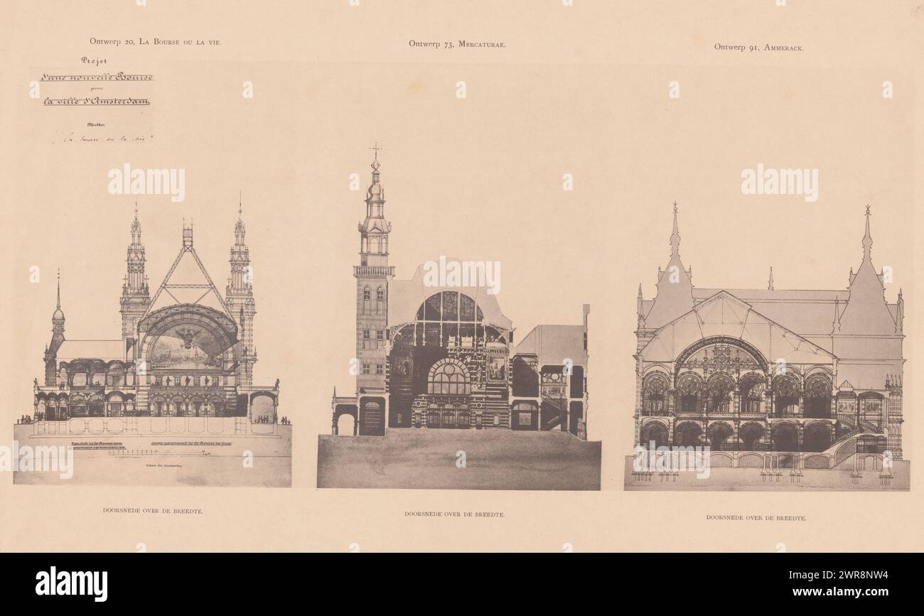 Design for a new stock exchange building in Amsterdam: three cross-sections of design 73, maker: anonymous, publisher: erven Hendrik van Munster & Zoon, Amsterdam, 1886, paper, collotype, height 348 mm × width 500 mm, photomechanical print Stock Photo