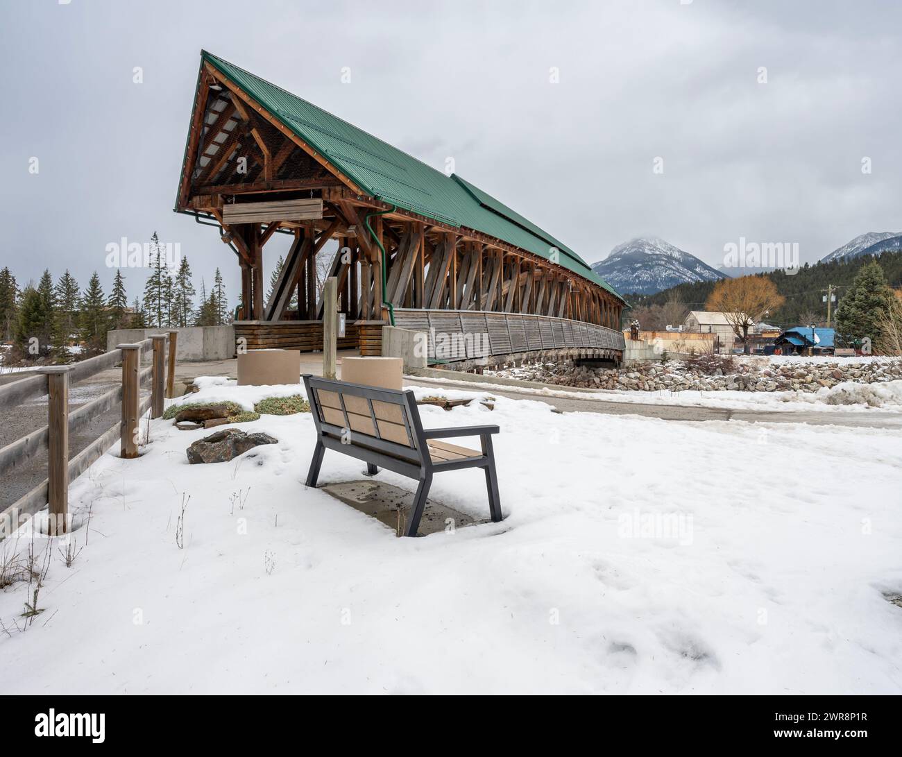 Covered Bridge over the Kicking Horse River at Golden, British Columbia Stock Photo