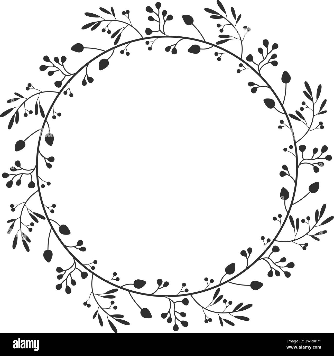 vector round frame with buds and leaves isolated on white background. black retro cute floral wreath for spring designs, wedding invitations and birth Stock Vector
