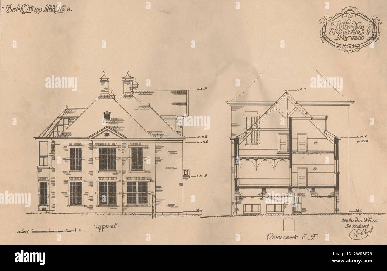 Reproduction of a design for the expansion of the Roman Catholic Church. Almshouse in Roermond with a hospital wing, Extension of the Roman Catholic Almshouse in Roermond (title on object), Top left: Specification No. 199 sheet no. 8., maker: Joseph Theodorus Johannes Cuypers, 1911, paper, photolithography, height 334 mm × width 500 mm, photomechanical print Stock Photo